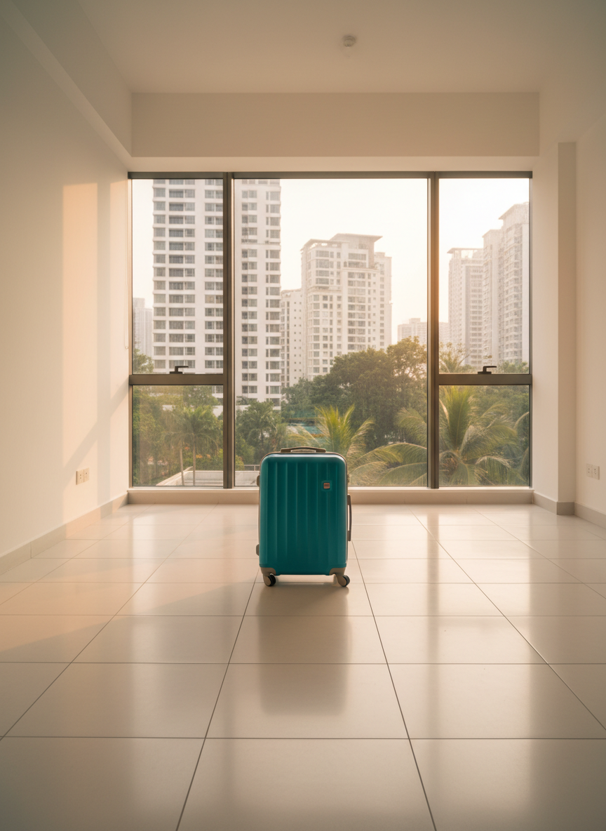 A compact, modern Singaporean high-rise apartment living room, completely empty except for a single bright teal suitcase placed in the center of the smooth, pale tile floor. Floor-to-ceiling windows reveal a soft-focus cityscape of other high-rises and a hint of tropical greenery. Late afternoon golden light streams in, casting long, gentle shadows and warm reflections on the tiles and suitcase surface. Photographic realism from a slightly wide-angle, eye-level perspective emphasizes space and height, creating a playful yet slightly surreal mood that captures the feeling of arriving in a new home in Singapore, full of possibility and a touch of humorous minimalism.