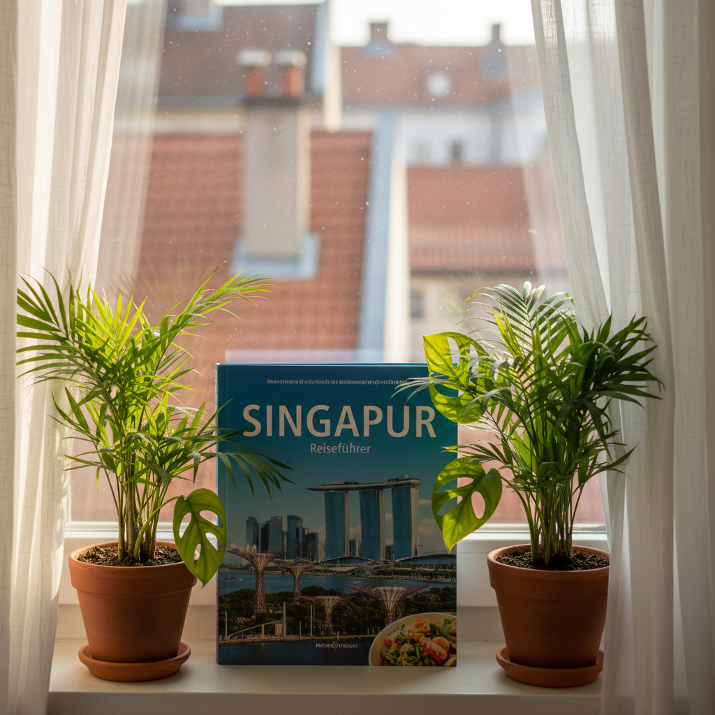 A cozy windowsill in a European apartment, lined with three small potted tropical plants—mini palms and a glossy-leafed monstera—surrounding a prominently placed guidebook titled “Singapore” in German. Outside the window, blurry rooftops and chimneys contrast with the lush green leaves inside. Soft morning light filters through thin curtains, creating delicate highlights on the plants’ textures and a warm glow on the book’s colorful cover featuring the Singapore skyline. Photographic realism at a slightly angled, close-up composition with shallow depth of field keeps the plants and book in sharp focus, evoking a playful, dreamy anticipation of Southeast Asia from the calm comfort of home.