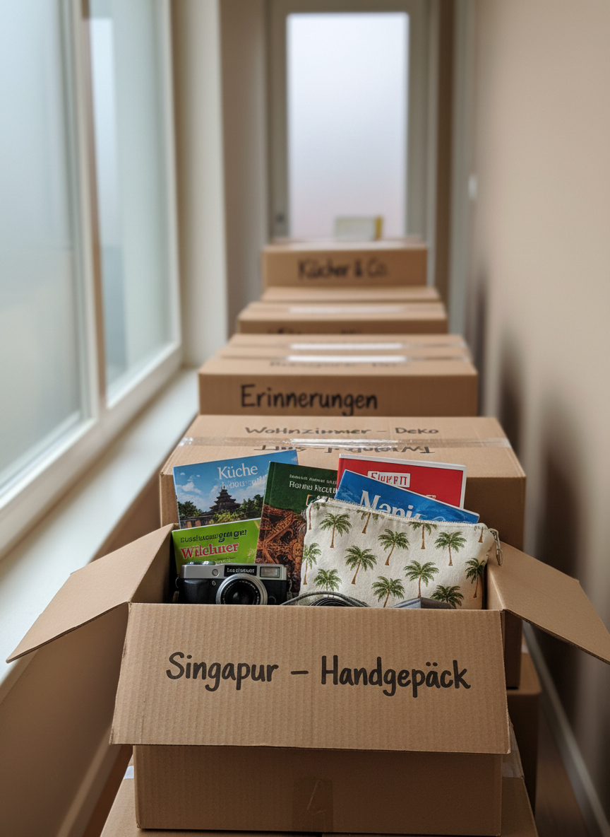 A row of labeled moving boxes stacked neatly in a narrow apartment hallway, each box printed or handwritten with playful German labels such as “Küche,” “Erinnerungen,” and “Singapur – Handgepäck.” One box stands open, revealing a colorful mix of Southeast Asia travel guides, a camera, and a fabric pouch decorated with tiny palm trees. Diffused overcast light from a nearby window creates a soft, even illumination, making the cardboard textures and ink markings stand out. Captured at eye level with a slight depth of field, the front box in sharp focus and the others fading gently into blur, the photographic image conveys excitement, nostalgia, and a sense of tidy chaos just before departure.