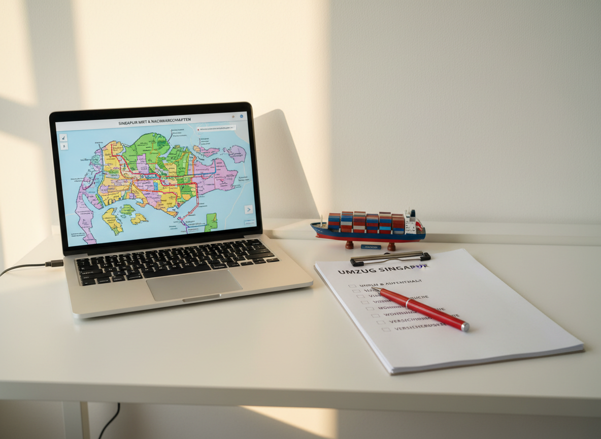 A sleek white desk against a clean wall, topped with an open laptop displaying a colorful digital map of Singapore’s neighborhoods and MRT lines. Next to the laptop sits a tidy stack of printed checklists labeled in German, with headings like “Umzug Singapur” and “Visum,” alongside a glossy red pen and a tiny model of a container ship. Late afternoon natural light from an unseen window creates a warm glow and soft shadows across the desk’s smooth surface. Shot from a slightly elevated angle in photographic realism with a balanced, centered composition, the scene feels organized yet playful, capturing the planning phase of moving to Singapore with a vibrant, hopeful atmosphere.