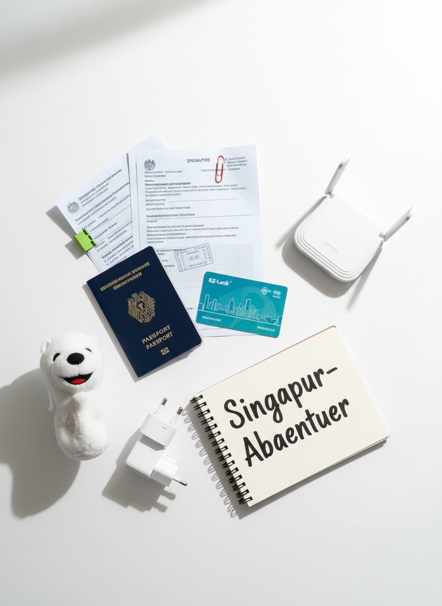 A brightly lit flat lay of essential items for a move to Singapore, arranged playfully on a smooth white table: a German passport, Singapore entry documents, colorful MRT card, universal power adapters, a compact Wi-Fi router, a tiny plush Merlion, and a notebook titled “Singapur-Abenteuer.” Overhead soft-box style lighting creates even illumination, crisp shadows, and vivid color contrast. Photographic realism with a carefully balanced composition and lots of negative space produces a clean, modern look. The mood is energetic and optimistic, symbolizing practical preparation mixed with fun, capturing the essence of starting a new chapter in Southeast Asia.